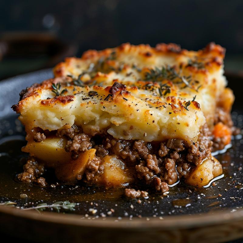 Close-up of a slice of shepherd's pie with visible ground beef and mashed potato topping.