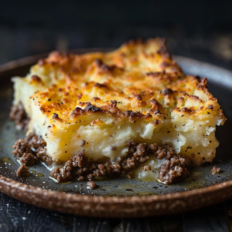 Close-up of a slice of shepherd's pie with ground beef on a plate.