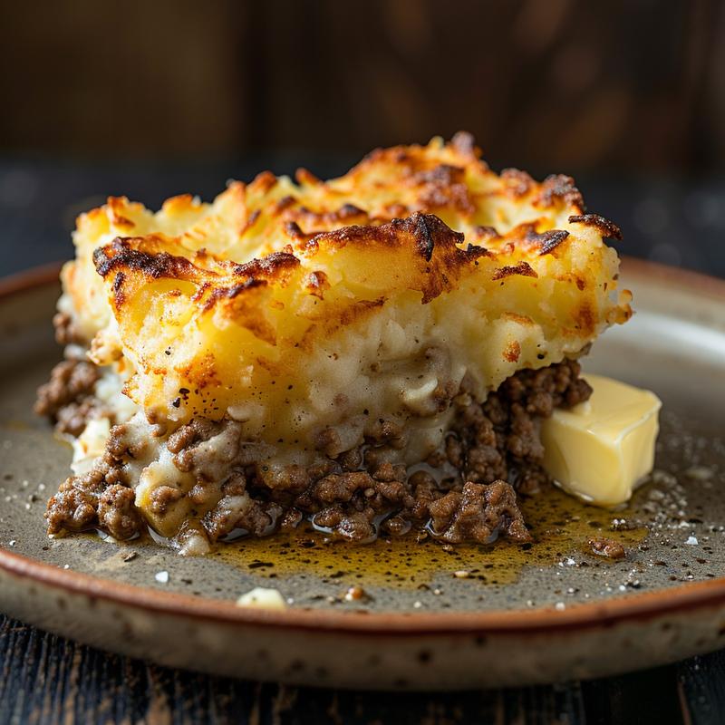 Close-up of a slice of shepherd's pie on a dark plate.