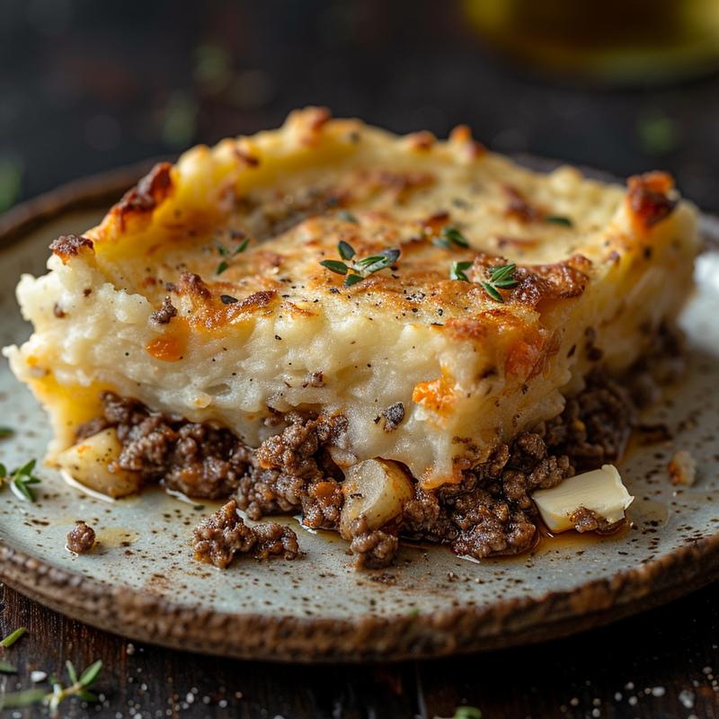 Close-up of a slice of shepherd's pie with visible ground beef and mashed potato topping.