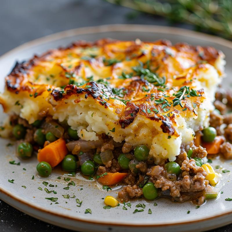 Close-up of a slice of ground turkey shepherd's pie on a grey plate.