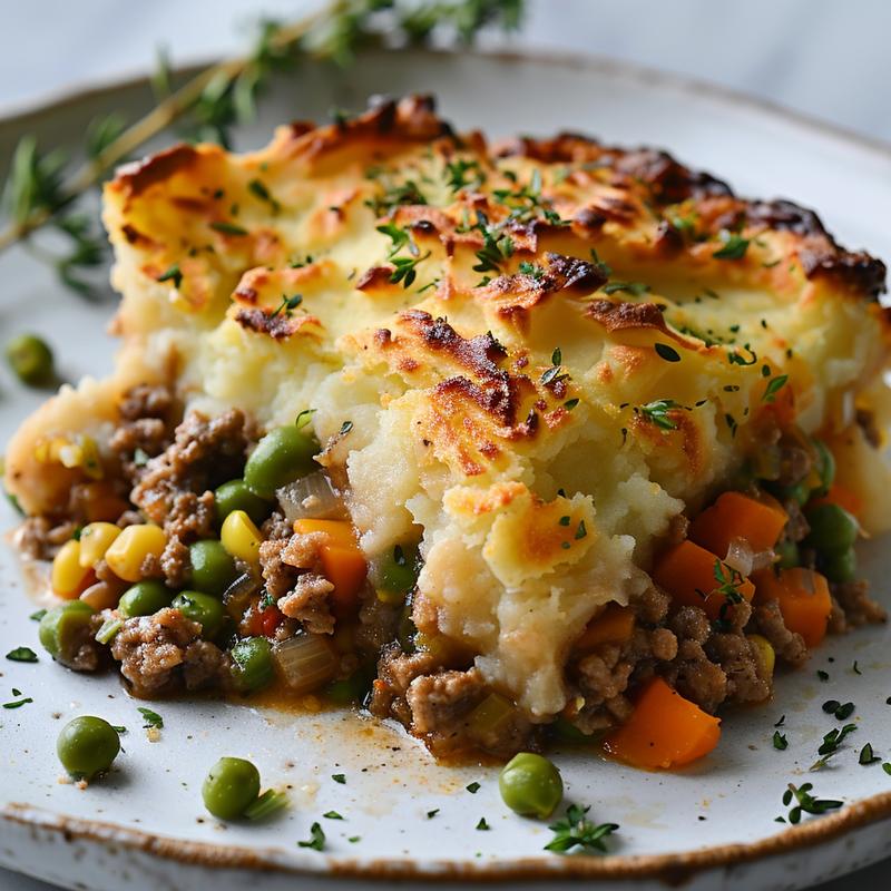 Close-up of a slice of ground turkey shepherd's pie on a white plate.