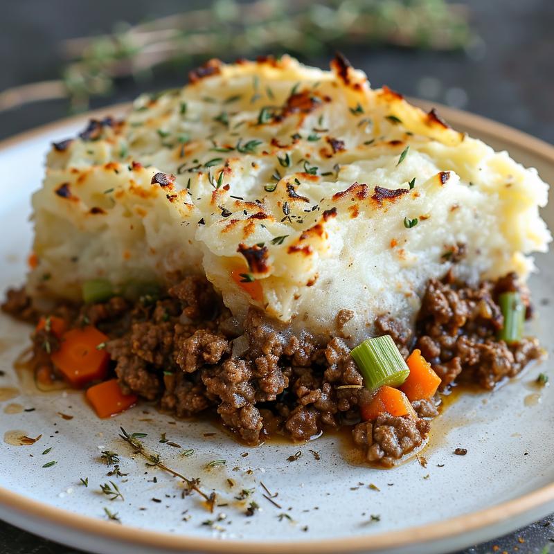 Close-up of shepherd's pie slice on a grey plate.