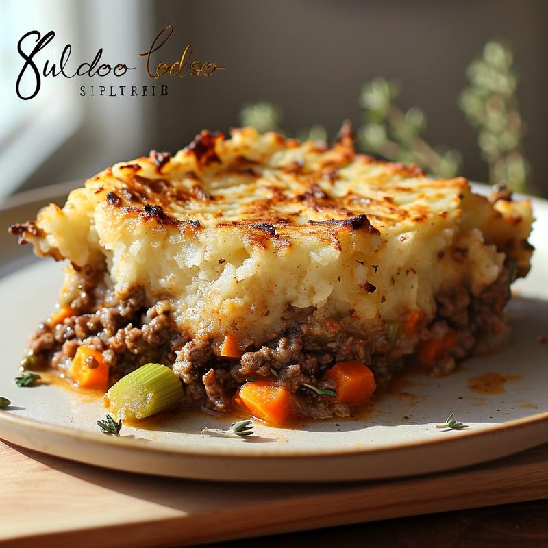 Close-up of a slice of shepherd's pie on a plate.