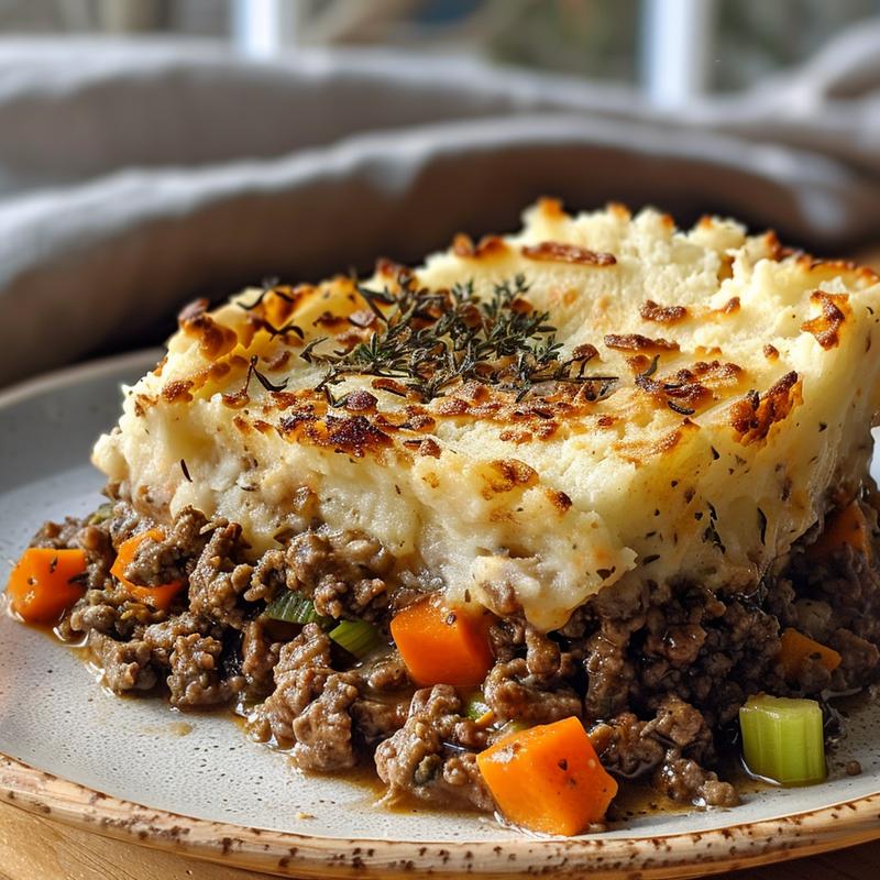 Close-up of shepherd's pie slice with visible meat, vegetables, and mashed potato topping.
