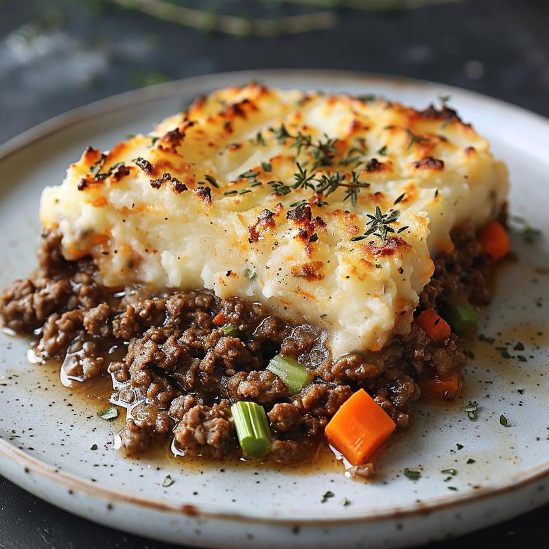 Close-up of a slice of shepherd's pie on a grey plate.