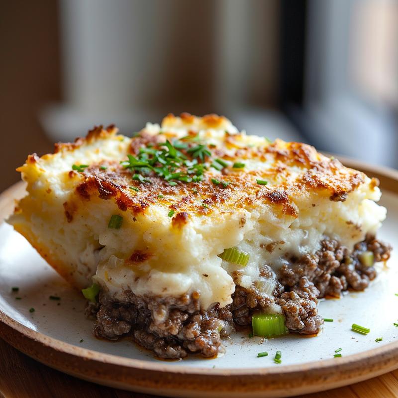 Close-up of a slice of shepherd's pie on a plate.