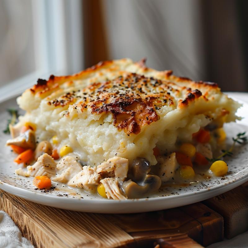 Close-up of a slice of chicken shepherd's pie showing layers of chicken and mashed potatoes.