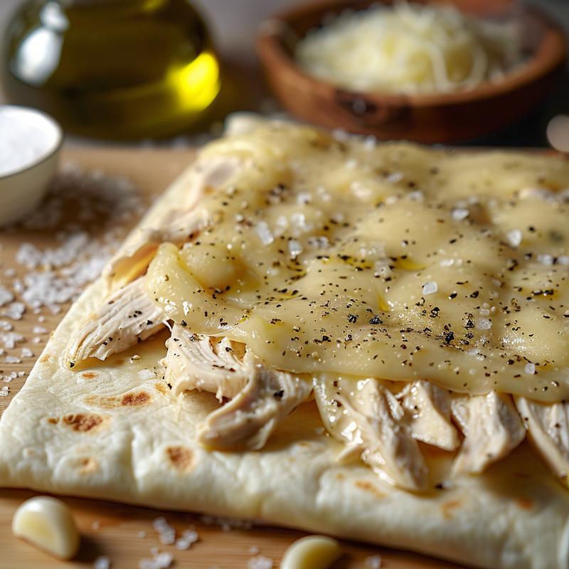 Close-up of cheesy garlic chicken wraps on a light wood board.