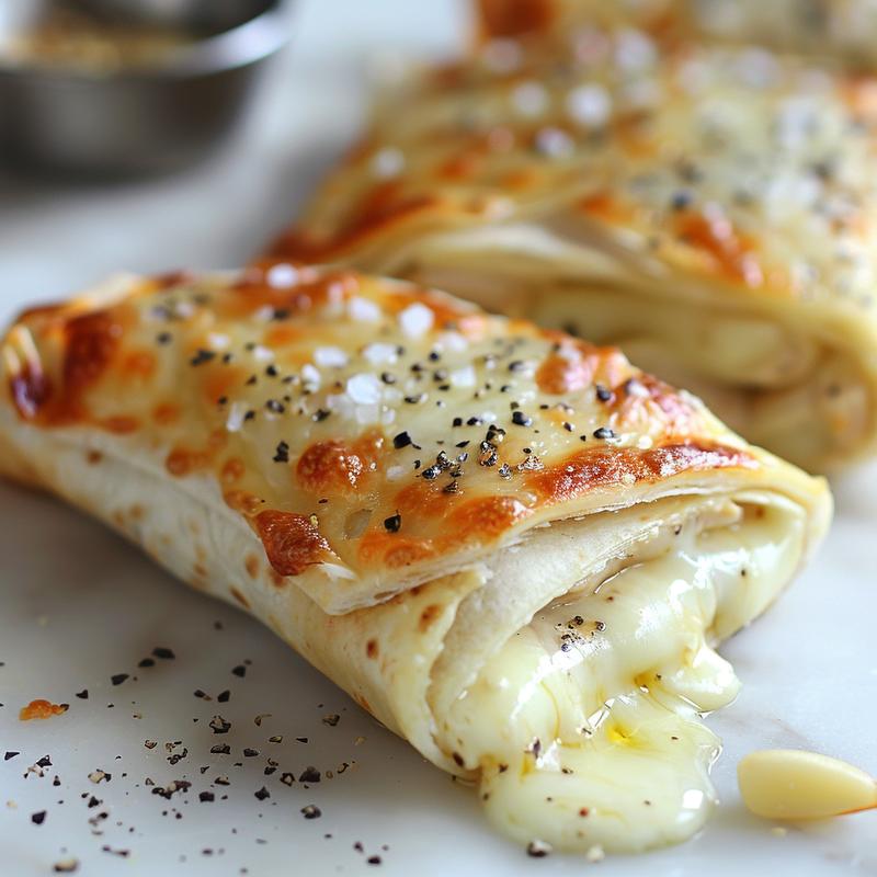 Close-up of cheesy garlic chicken wraps.