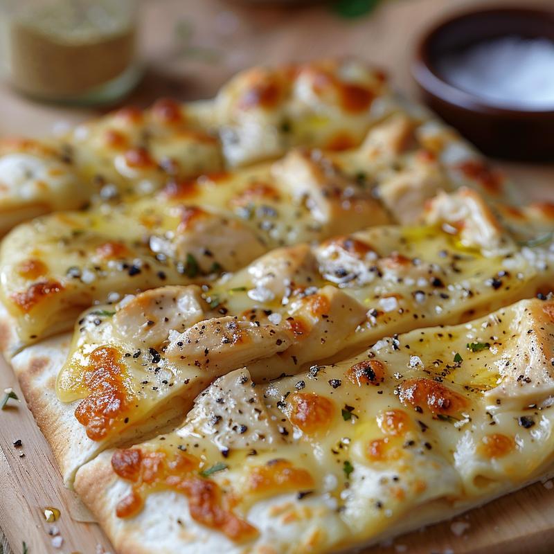Close-up of cheesy garlic chicken wraps on a light wood board.