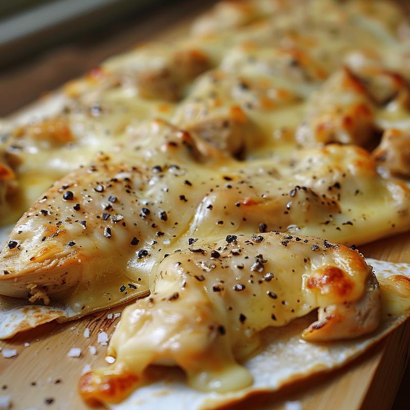 Close-up of cheesy garlic chicken wraps on a wooden board.