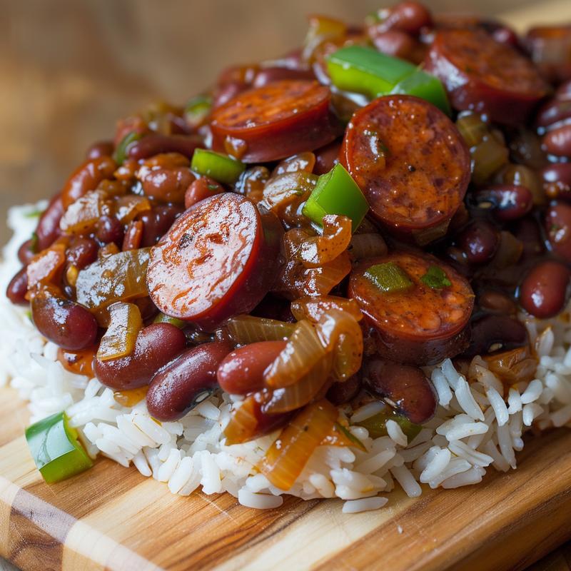 Close-up of red beans and rice with sausage, onion, and bell pepper on a wood board.