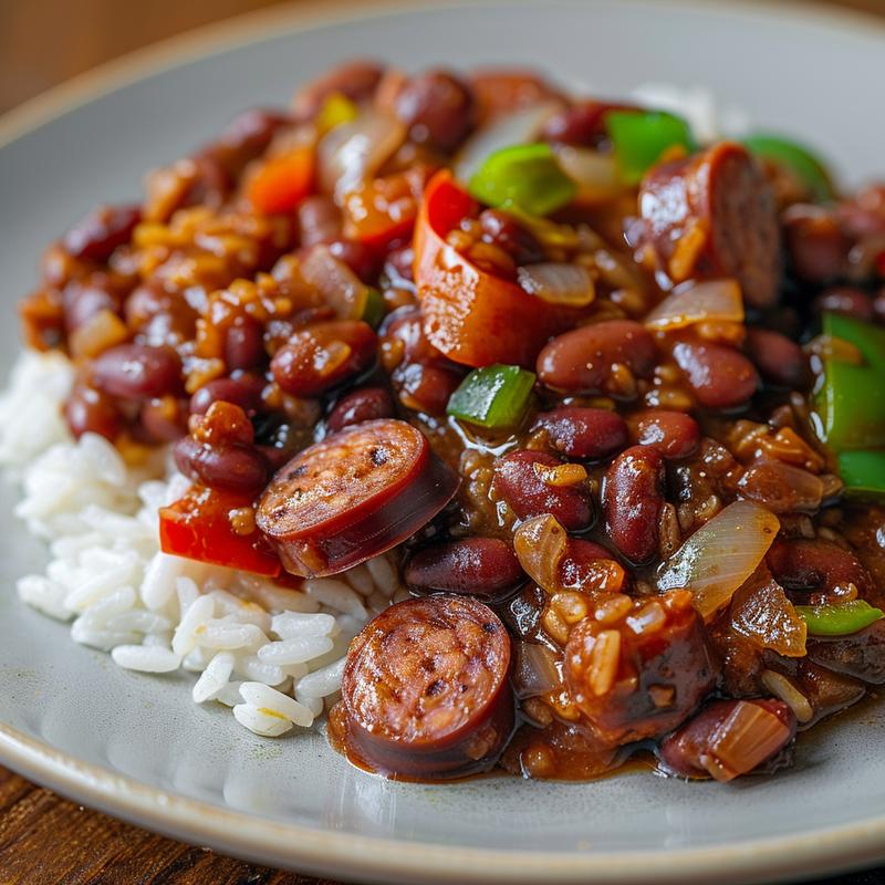 Close-up of red beans and rice on a light grey plate.