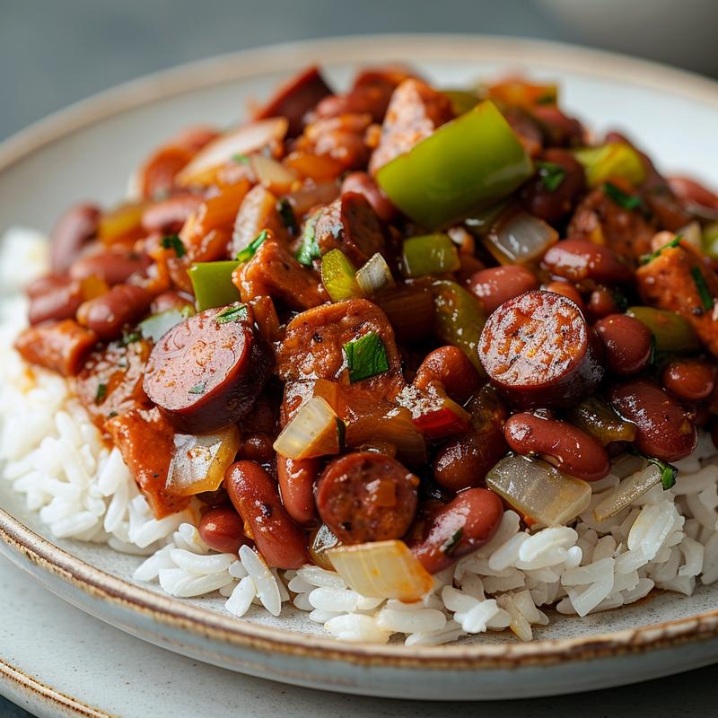 Close-up of red beans and rice on a light grey plate.