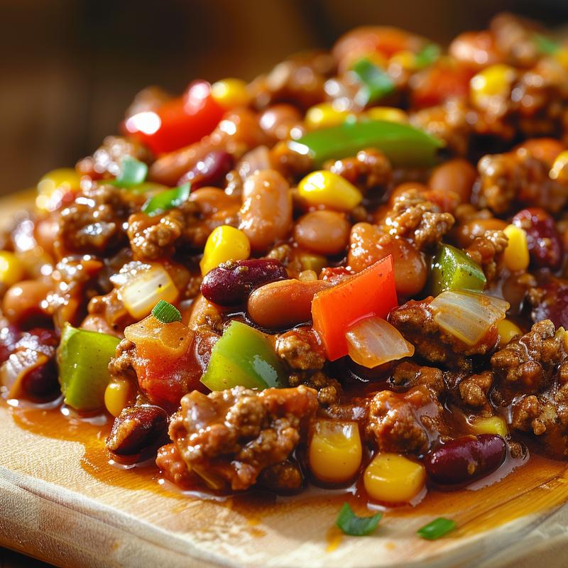 Close-up of cowboy casserole with ground beef, beans, corn, and peppers.