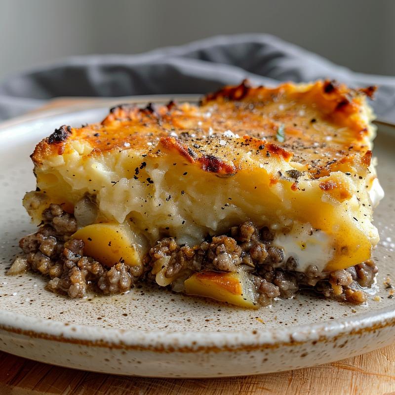 Close-up of a slice of shepherd's pie on a light wood board.