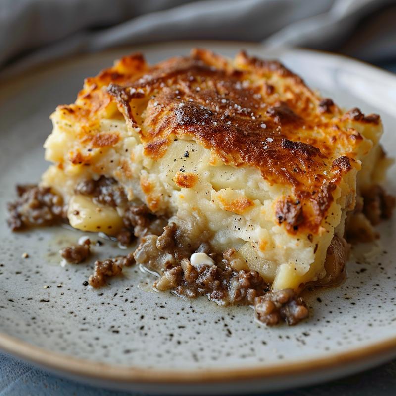Close-up of a slice of shepherd's pie on a light gray plate.