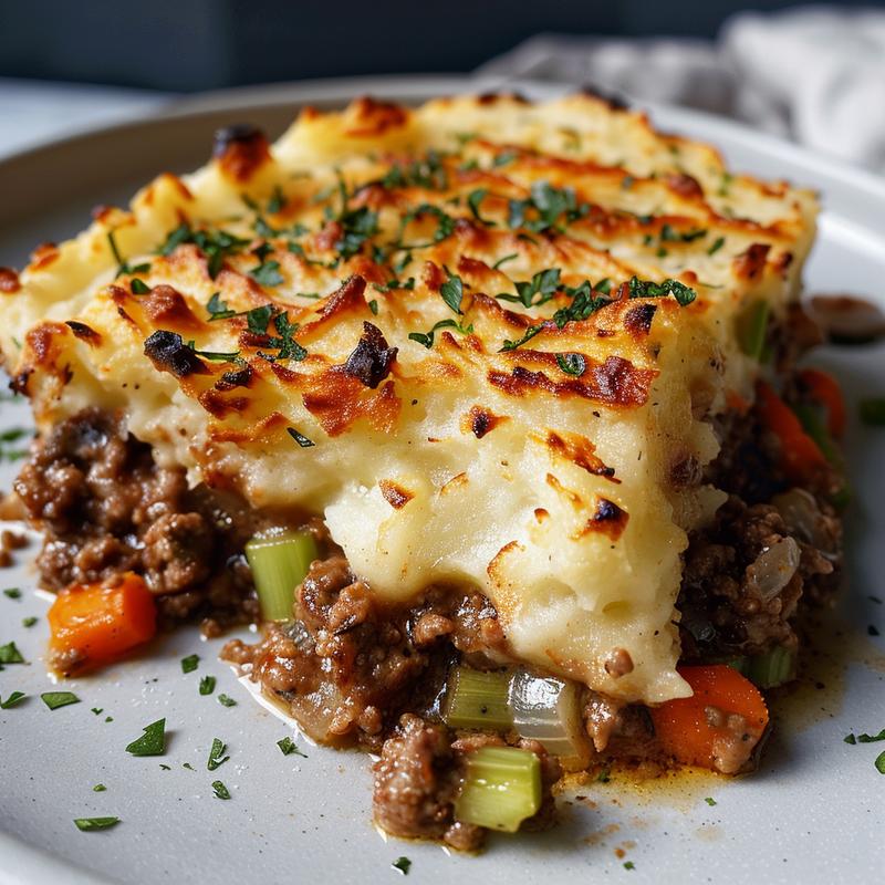 Close-up of a slice of shepherd's pie on a grey plate.