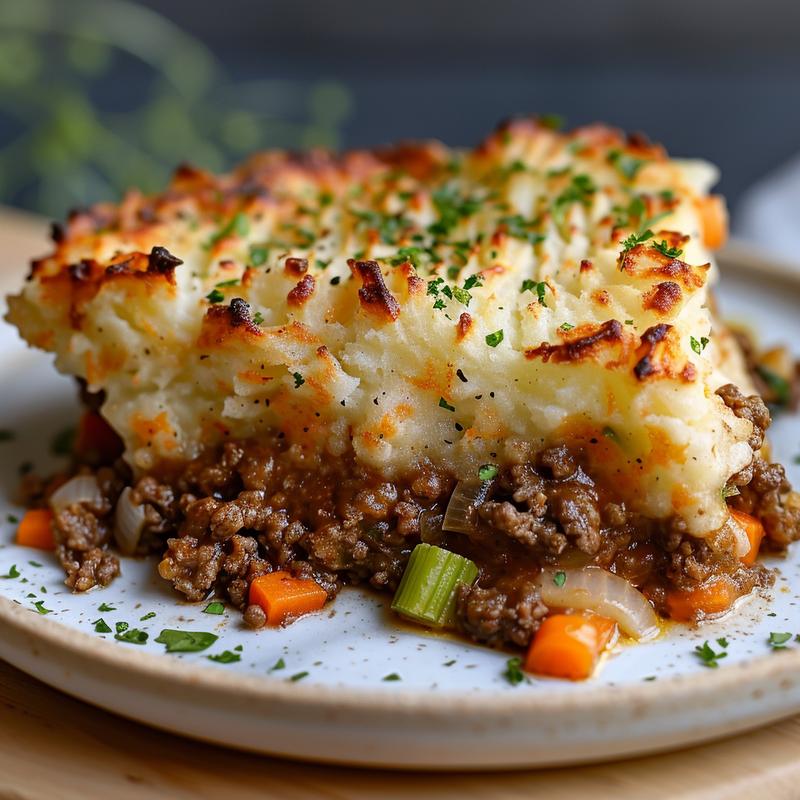 Close-up of a slice of shepherd's pie on a plate.