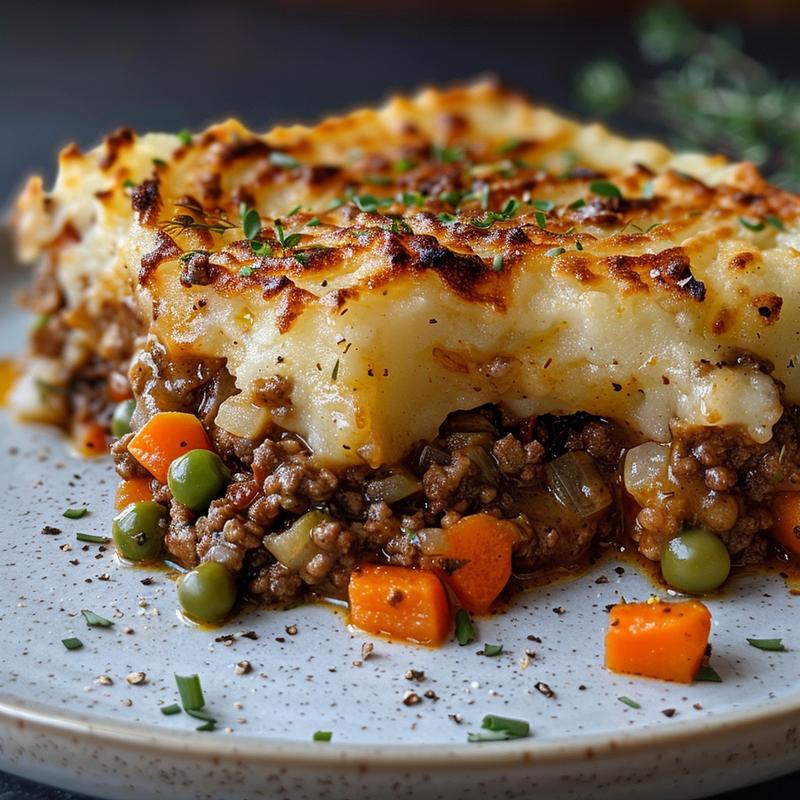 Close-up of a slice of shepherd's pie on a light gray plate.