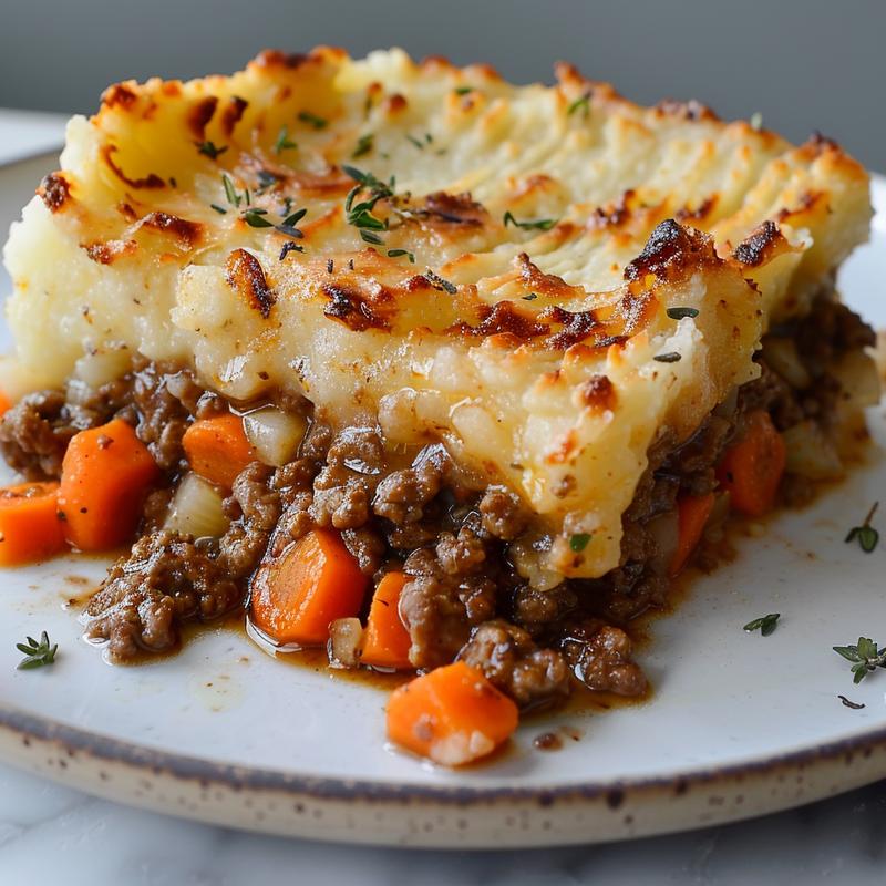 Close-up of a slice of shepherd's pie on a white plate.