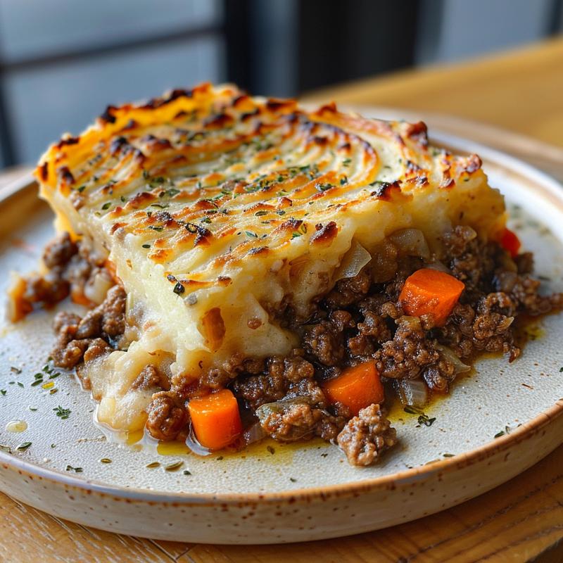 Close-up of a slice of shepherd's pie showing meat and vegetable filling topped with mashed potatoes.