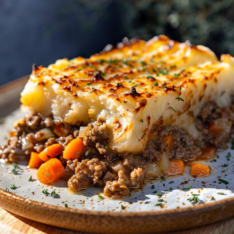 Close-up of a slice of shepherd's pie on a plate.