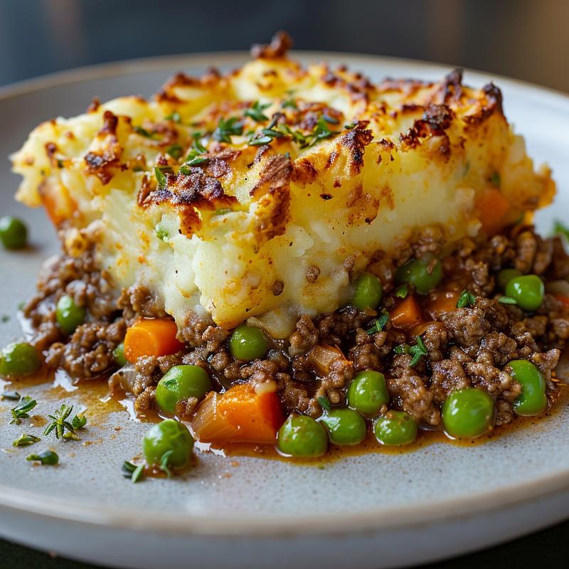 Close-up of Shepherd's Pie slice showing ground beef, vegetables, and mashed potato topping.