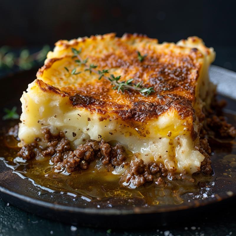 Close-up of a slice of shepherd's pie with visible ground beef and mashed potato topping.