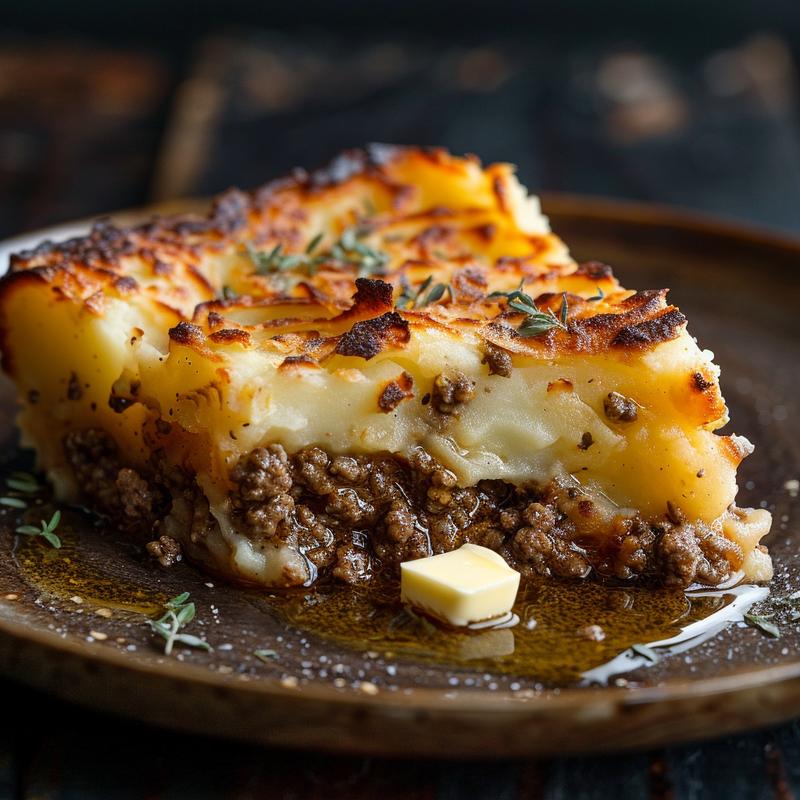 Close-up of a slice of shepherd's pie with ground beef on a plate.