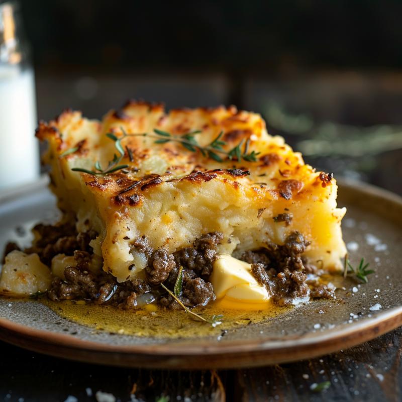 Close-up of a slice of shepherd's pie on a dark plate.