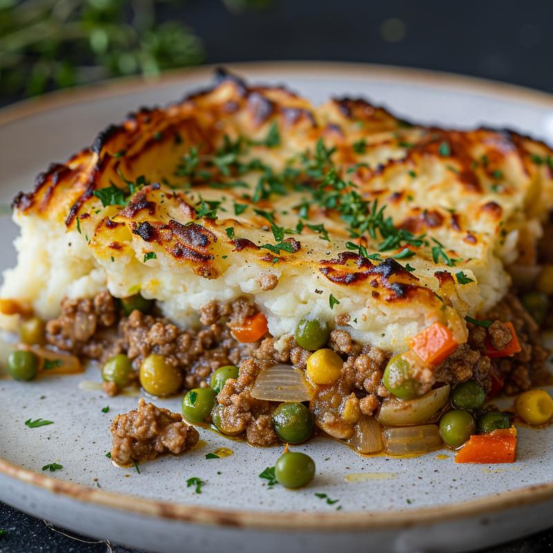 Close-up of a slice of ground turkey shepherd's pie on a grey plate.