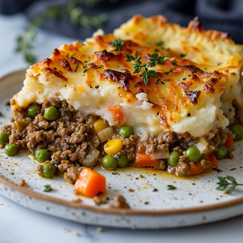 Close-up of a slice of ground turkey shepherd's pie on a white plate.
