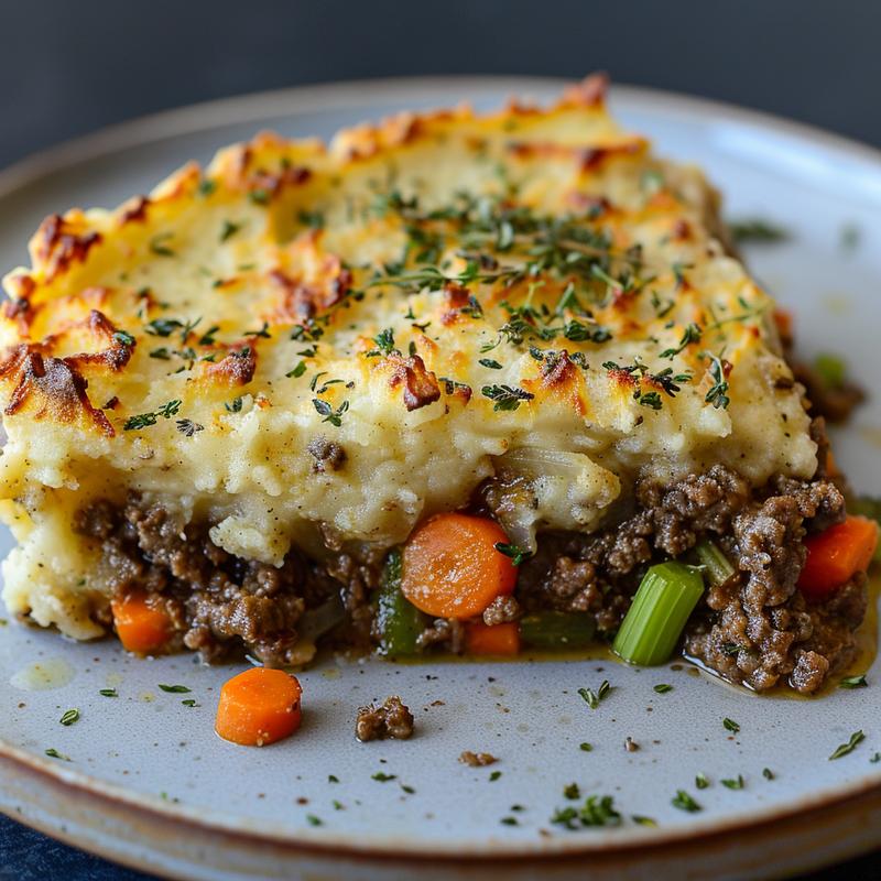 Close-up of shepherd's pie slice on a grey plate.