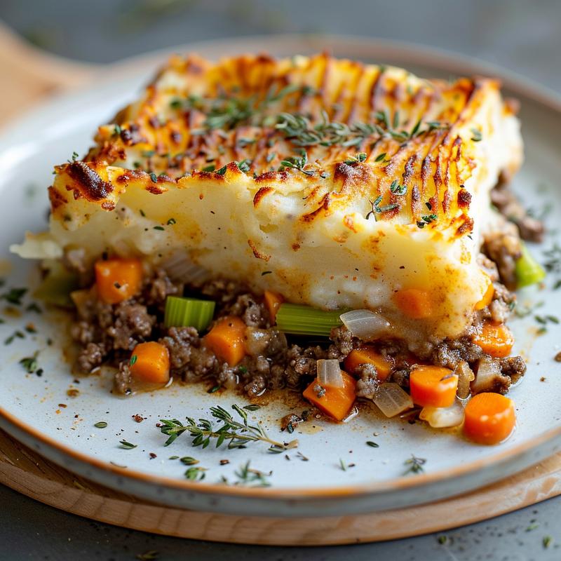 Close-up of a slice of shepherd's pie on a plate.