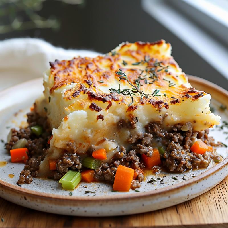 Close-up of shepherd's pie slice on a plate.