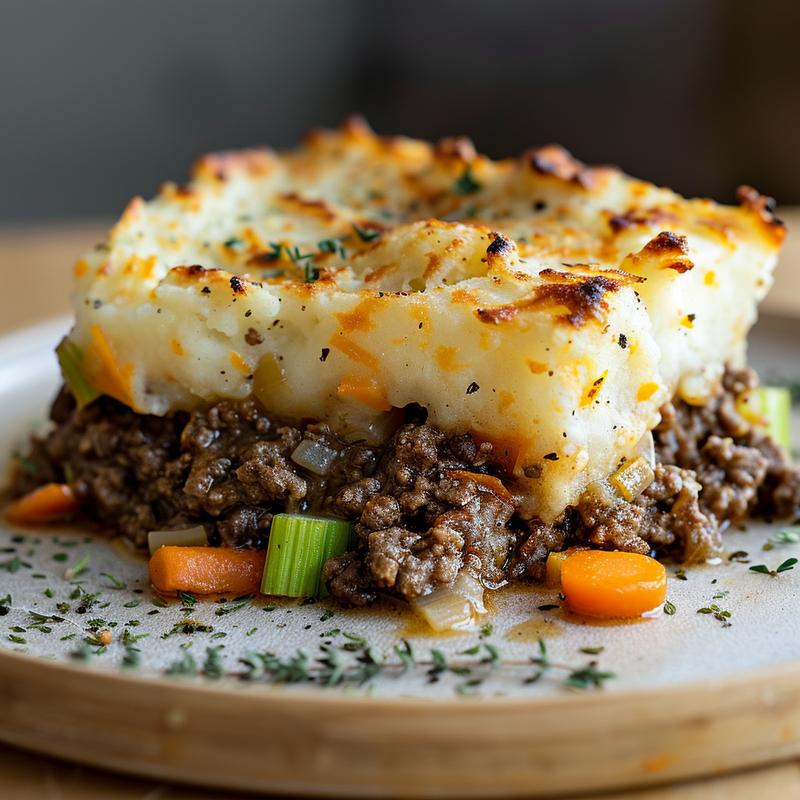Close-up of shepherd's pie slice with visible meat, vegetables, and mashed potato topping.