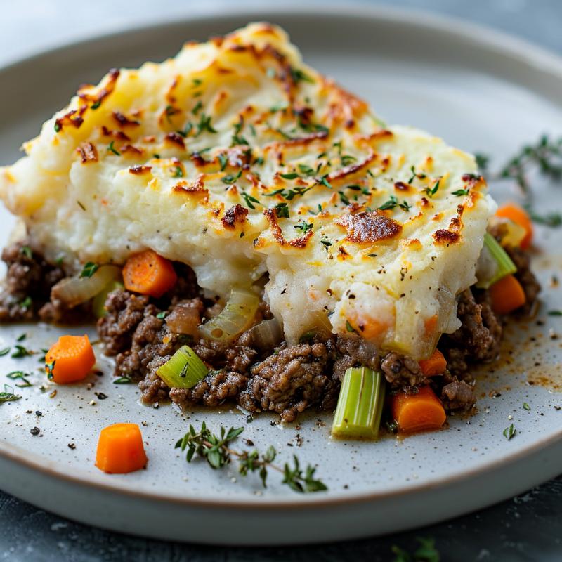 Close-up of a slice of shepherd's pie on a grey plate.