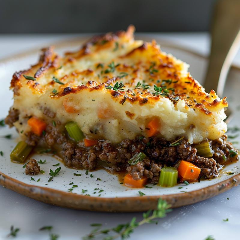 Close-up of a slice of shepherd's pie showing meat and vegetable filling topped with mashed potatoes.