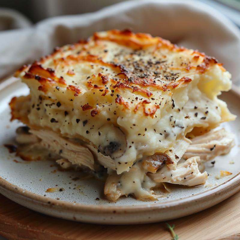 Close-up of a slice of chicken shepherd's pie showing layers of chicken and mashed potatoes.