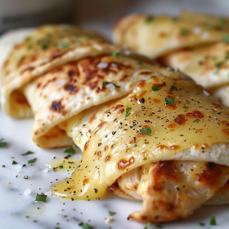 Close-up of cheesy garlic chicken wraps on white marble.