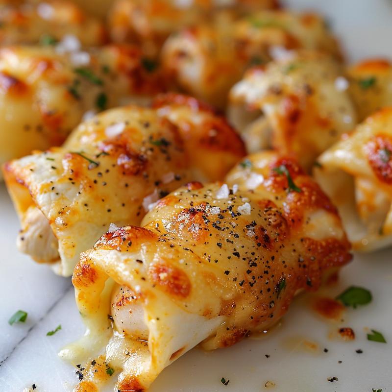 Close-up of cheesy garlic chicken wraps.