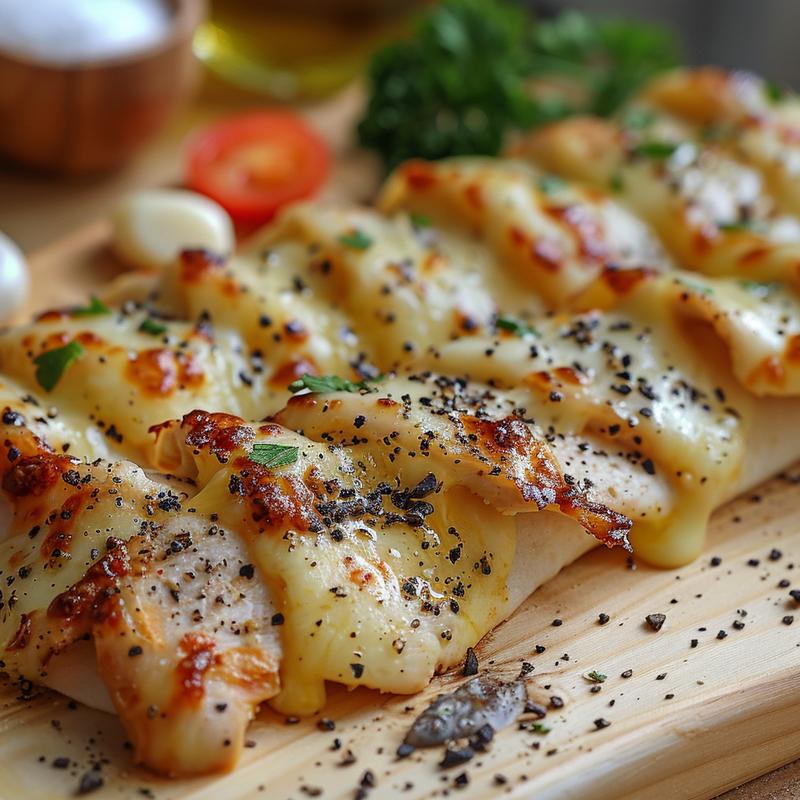 Close-up of cheesy garlic chicken wraps on a wooden board.