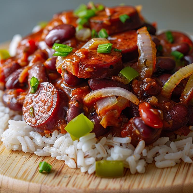 Close-up of red beans and rice with sausage, onion, and bell pepper on a wood board.