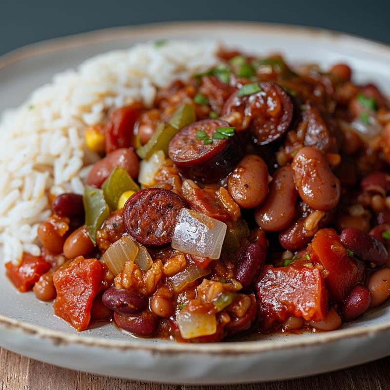 Close-up of red beans and rice on a light grey plate.