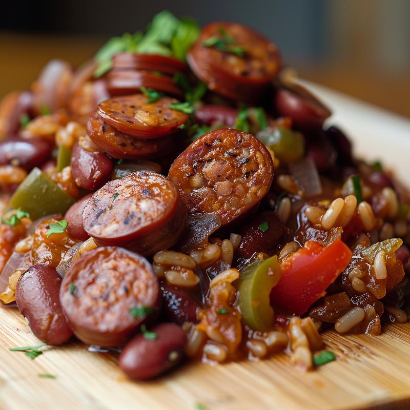 Close-up of red beans and rice with sausage on a wooden board.