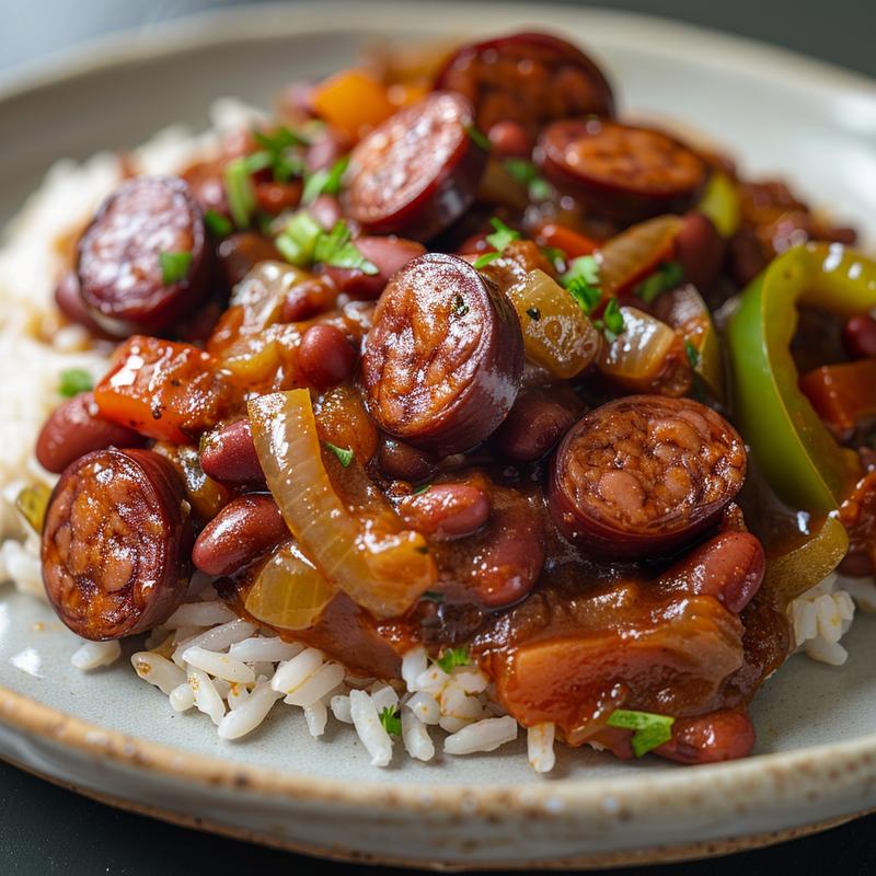 Close-up of red beans and rice on a light grey plate.