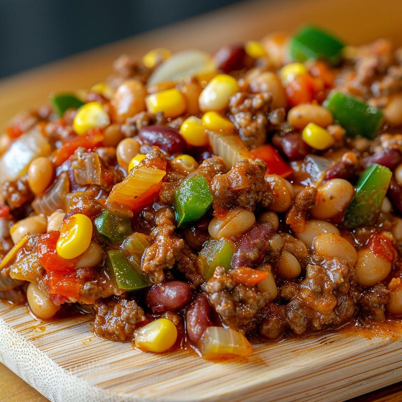 Close-up of cowboy casserole with ground beef, beans, corn, and peppers.